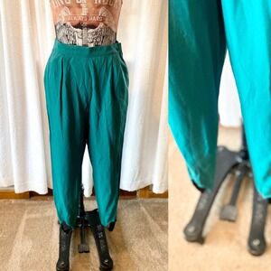 Vintage Emerald Green Stretchy Pleated Stirrup Pants, Size 14